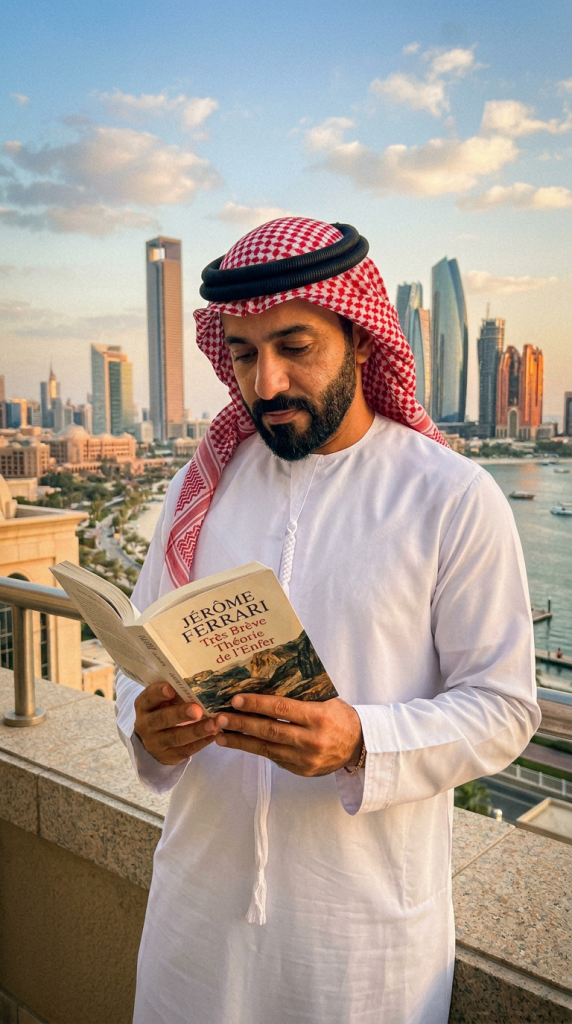 Woman holding a book titled 'Jérôme Ferrari À Son Image' with a city skyline and waterfront behind her